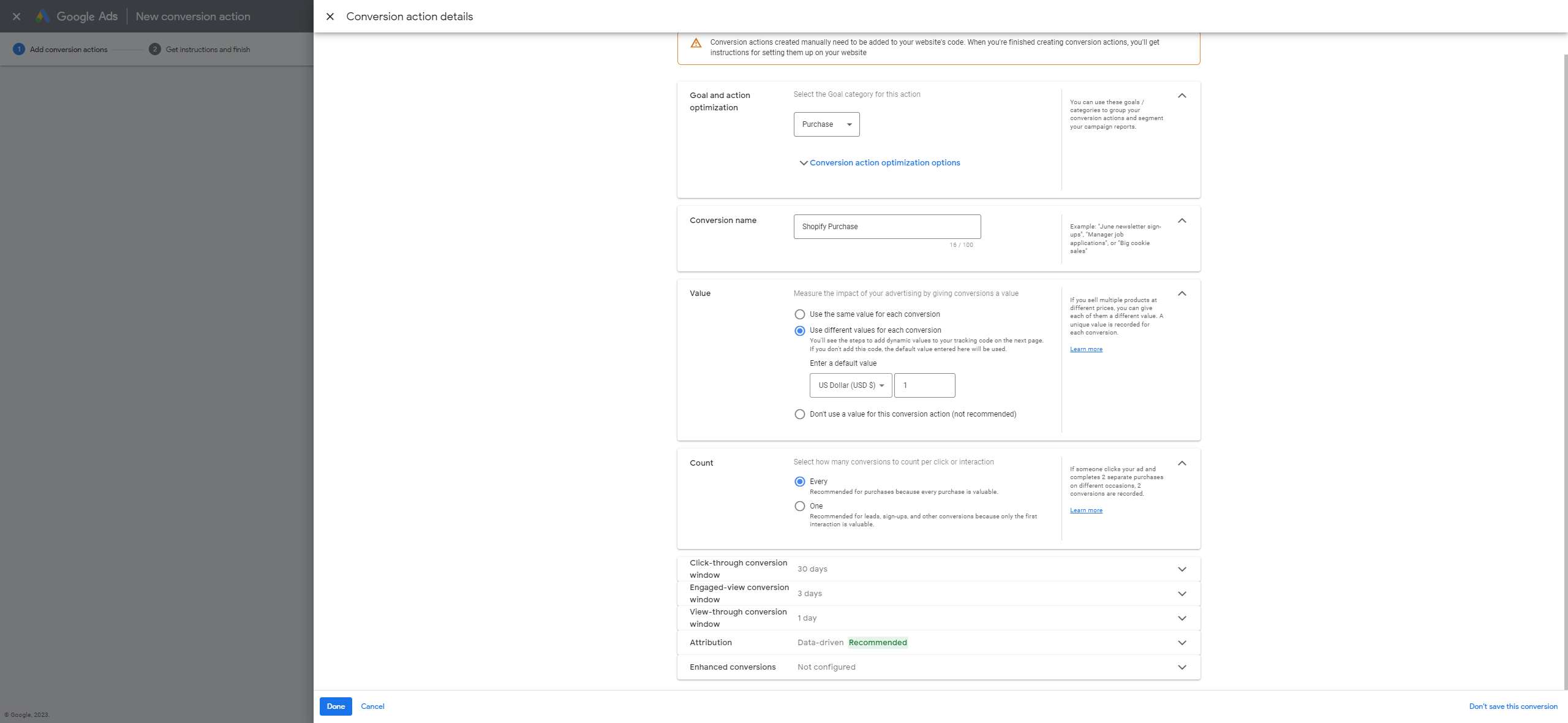 conversion action setup