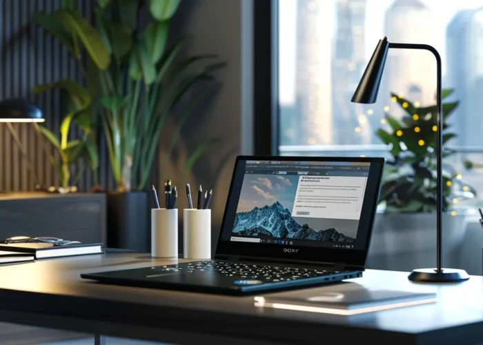 a sleek, modern office desk featuring a laptop displaying impressive roi results from white label ppc and seo integration.