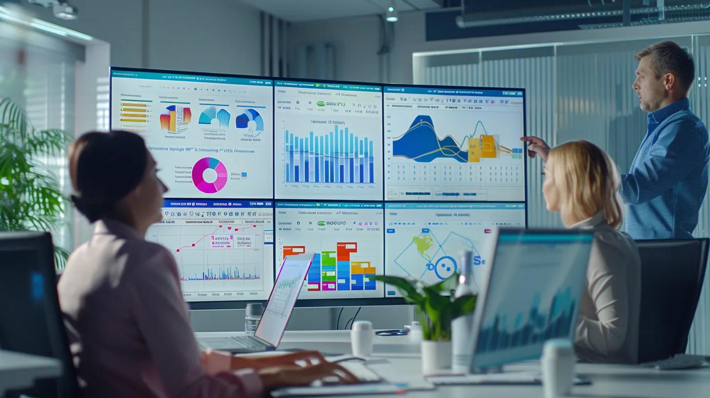 a modern office equipped with sleek digital dashboards displaying colorful analytics and performance metrics related to white label ppc campaigns, highlighting a collaborative team engaged in strategic discussions.