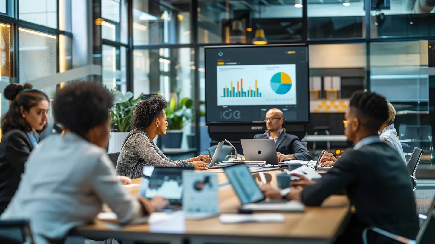 a sleek, modern office filled with diverse professionals engaged in strategic discussions around laptops and digital displays, showcasing data analytics and ppc campaign performance charts to emphasize the power of white label services in boosting agency revenue.
