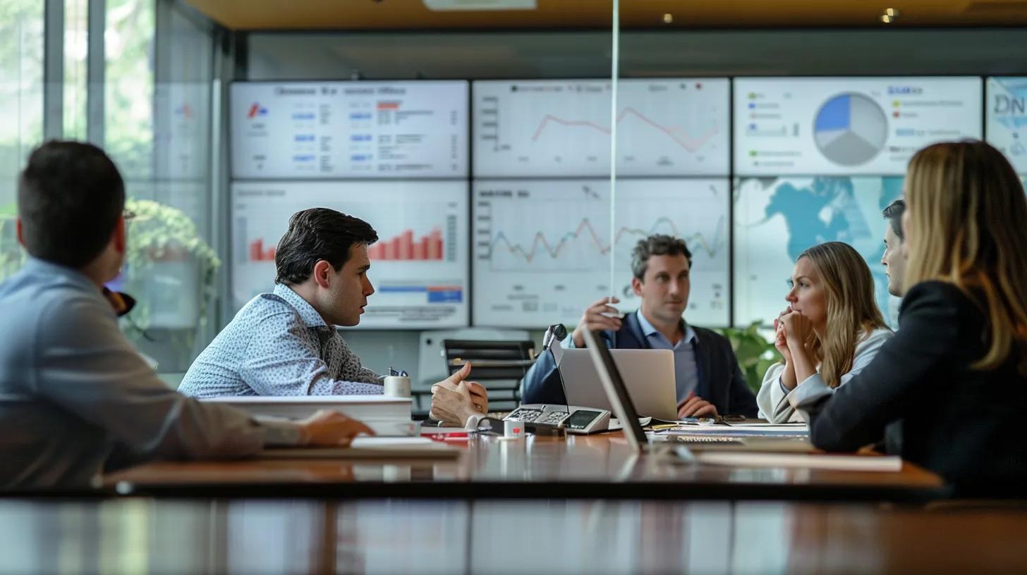 a sophisticated office setting featuring a focused team engaged in strategic discussions, with digital screens displaying analytics and ppc data, symbolizing the transition from detailed execution to high-level brand management.